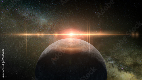 Obraz na płótnie wschód słońca nad planetą Merkury oświetlone przez Słońce i galaktykę Drogi Mlecznej
