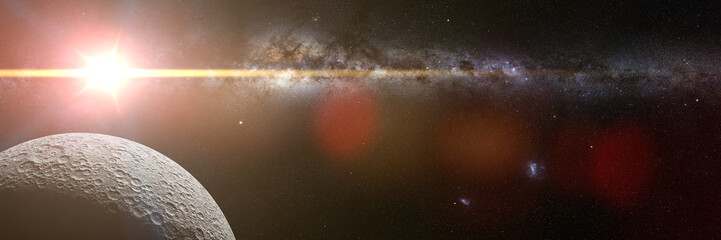 Poster - sunrise over the Moon, with Milky Way galaxy