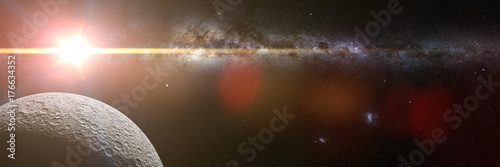 Zdjęcie XXL wschód słońca nad Księżycem, z galaktyką Mlecznej Drogi