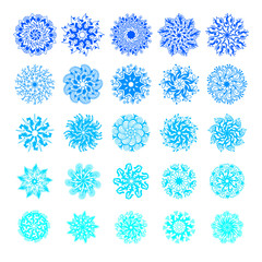 Poster - set of 25 blue bright hand drawing snowflakes