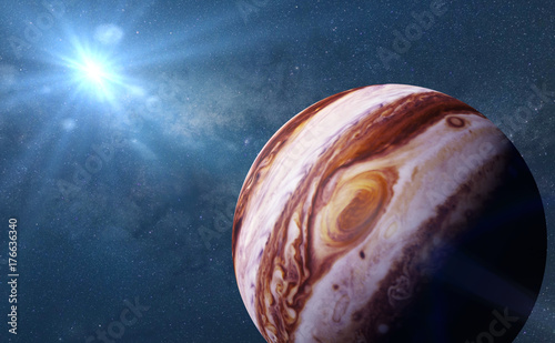 Plakat planeta Jowisz Słońce i gwiazdy galaktyki