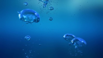 Wall Mural - Big air bubbles slowly rise in clear water. Video is looped.
