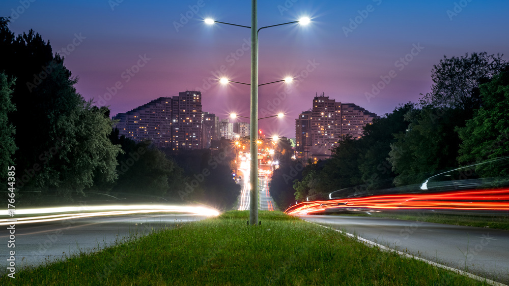 Obraz na płótnie The City Gates at sunset  in Chisinau, Republic of Moldova. City gates of Chisinau, Moldova. Car trails in Chisinau, Moldova  w salonie