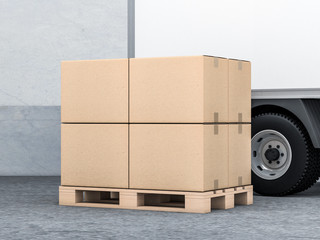 Cardboard boxes on euro pallet, Truck in warehouse, 3d rendering