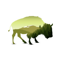 Silhouette of bison with green panorama of mountains.