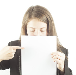 woman showing blank paper sheet