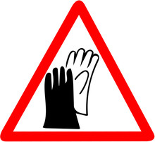 Safety Sign, Wear Gloves Protection Job Security Sign.Be Sure To Wear Hand Protector Gloves Warning. Red Prohibition Warning Symbol Sign On White Background