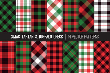 christmas tartan and buffalo check plaid seamless vector patterns. hipster lumberjack flannel shirt 