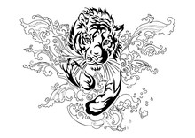 Silhouette Trier Run And Jump In Splash River With Oriental Ornament Tribal Ink Drawing Tattoo  Vector With White Isolated Background