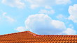 © Saran Hansakul - Bright light blue sky with many white and grey chunks of clouds floating background, with red brown concrete wavy corrugated roof as the lower border