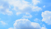 Bright Light Blue Sky With Many White And Grey Chunks Of Clouds Floating Background, Wide Screen