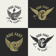 Wall Mural - Ride fast die young. Hand drawn wheel with wings on grunge background.