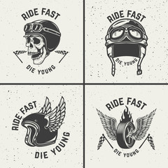 Sticker - Ride fast die young. Racer helmets, wheel with wings.