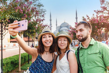 Group Of Multiracial Friends Making Selfie In Istanbul, Travel And Vacation For Students In Turkey Concept