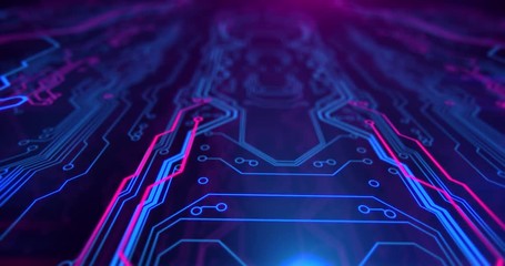 Poster - Printed circuit board video. Motherboard. Blue and purple digital technology background.