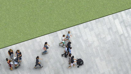 people walk on the pedestrian street walkway with the teenage young man and the group of family with little child with the greenfield landscape. (Aerial urban city photo)