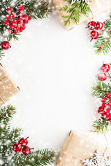 Wall Mural - christmas and new year holiday background. xmas greeting card. snow effect. flat lay