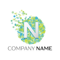 Realistic Letter N logo with blue, yellow, green particles and bubble dots in circle on white background. Vector template for your design