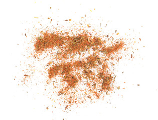 Mixed spices isolated on white background. Garlic fennel paprika carrots pepper basil celery, parsley, marjoram, onion