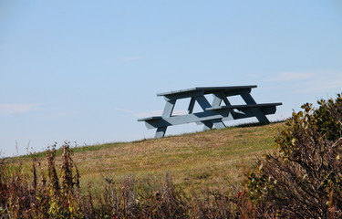 Wall Mural - Detail of picnic table on hill 