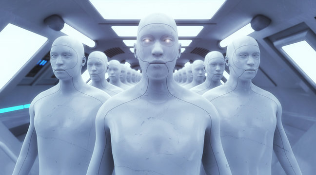 3d rendering. Humanoid head and futuristic room