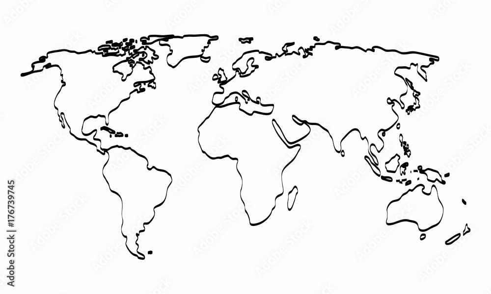 World map outline graphic freehand drawing on white background. Vector ...