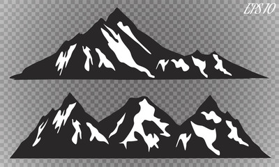 Set of mountain ridges silhouettes on white background. Outdoor and travel concept. Vector Illustration.