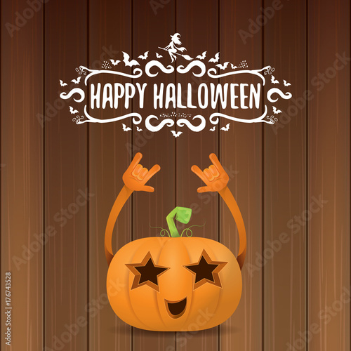 Vector Halloween Funky Rock N Roll Style Pumpkin Character And Calligraphic Halloween Hand Drawn Text On Wooden Background Happy Halloween Rock Party Concept Poster Buy This Stock Vector And Explore Similar
