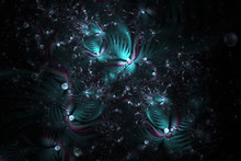 Abstract Exotic Turquoise Flowers With Textured Petals On Black Background. Fantasy Fractal Design. Psychedelic Digital Art. 3D Rendering.