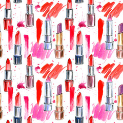 Seamless pattern of a red lipstick and splashes. Fashion,cosmetics and beauty image.Watercolor hand drawn illustration.White background.