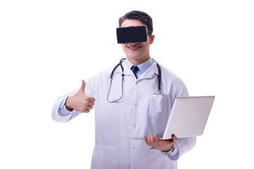 Doctor wearing a vr virtual reality headset isolated on white ba