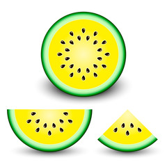 Wall Mural - Yellow watermelon slice set, vector realistic isolated illustration in white background. Vector