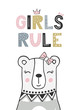 Girls rule - unique hand drawn nursery poster with handdrawn lettering in scandinavian style. Vector illustration