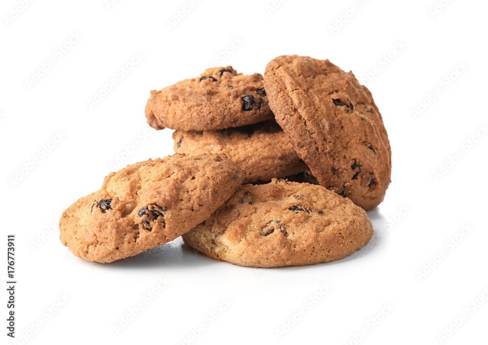 Delicious oatmeal cookies with raisins on white background