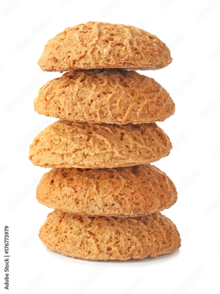 Delicious oatmeal cookies on white background