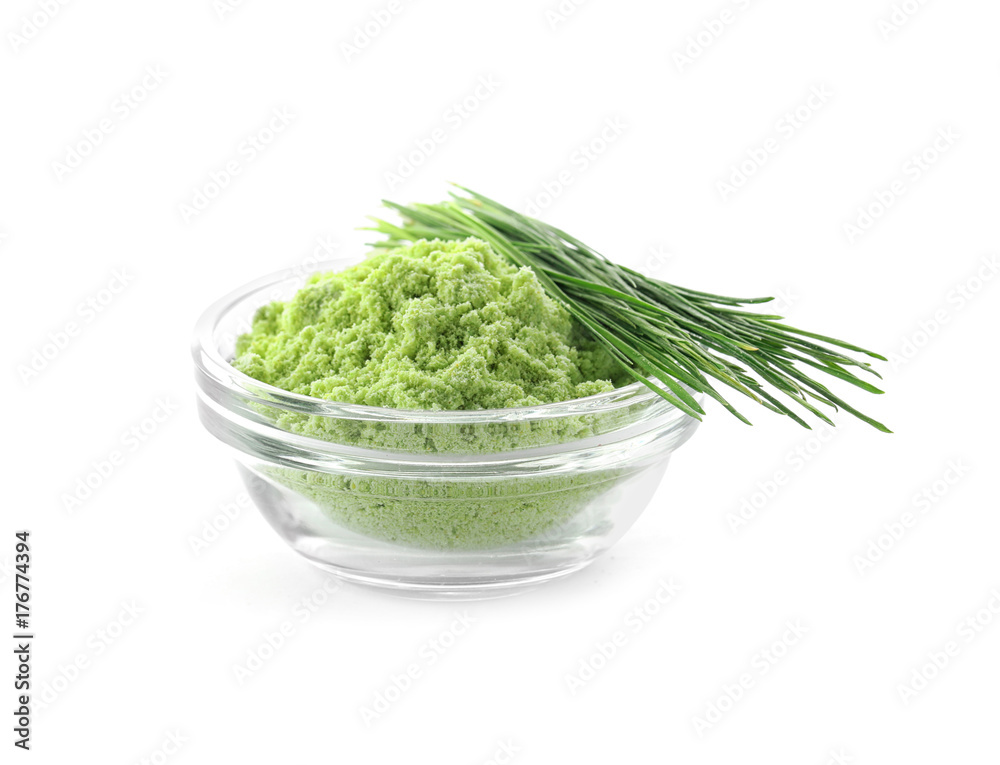Bowl with wheat grass powder and sprouts, isolated on white