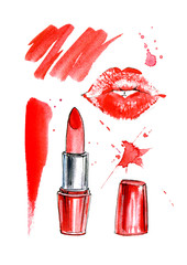 Pattern of a red lipstick, lip prints and splashes. Fashion,cosmetics and beauty image.Watercolor hand drawn illustration.White background.