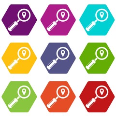 Poster - Magnifying glass and location icon set color hexahedron