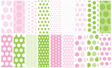 Pink And Green Polka Dot Pattern Set. Go Polka Dot Crazy With A Collection Of Dots From Mini To Jumbo For Digital Paper, Backgrounds, Gift Wrap, Fabric, Scrapbooking And More.