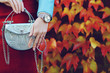 Close up of small silvery bag in hands of fashionable woman. Model wearing stylish wrist watch, rings. Autumn outfit. Colorful leafs on background. Female fashion concept. Copy, empty space for text
