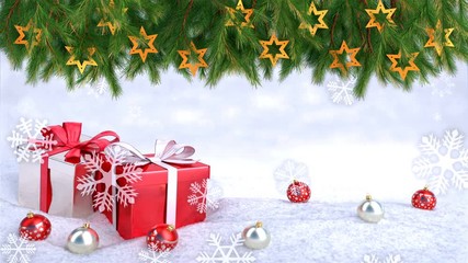 Wall Mural - Christmas gift boxes and balls on snow.3D render. seamless loop
