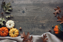 Thanksgiving Season Still Life With Colorful Small Pumpkins, Acorn Squash, Soft Blanket And Fall Leaves Over Rustic Wooden Background