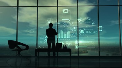 Wall Mural - Silhouette of the man in the office and corporate infographic