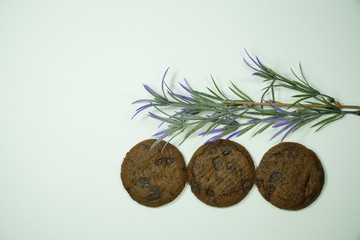 Chocolate chip cookies and leaf over white background