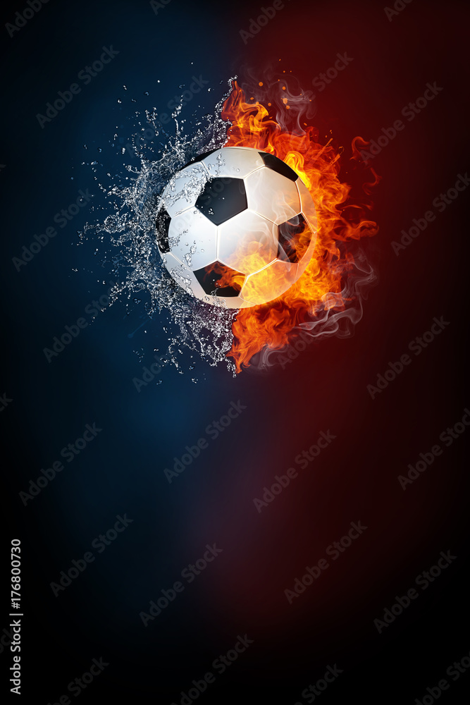 Soccer sports tournament modern poster template. High resolution HR poster size 24x36 inches, 31x91 cm, 300 dpi, vertical design, copy space. Soccer ball exploding by elements fire and water. - obrazy, fototapety, plakaty 