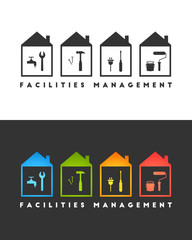 Wall Mural - Facilities managment logo concept. Wrench, hammer, screwdriver amd paint roller  icons. 