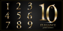 Set Of Elegant Gold Colored Metal Chrome Numbers. 1, 2, 3, 4, 5, 6, 7, 8, 9, 10, Logo Design, Golden Metallic Font Typography Numbers Set. Vector Illustration