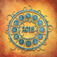 Wall Mural - Astrological symbols in the circle. New Year and Christmas celebration card template. Zodiac circle with 2018 new year number. Grunge concrete wall texture