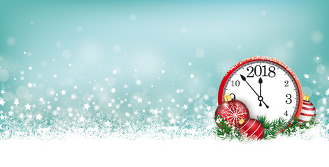 Wall Mural - Cyan Christmas Card Header Snowflakes Clock 2018