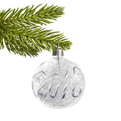 Wall Mural - 2018 on a silver christmas ball hanging from a branch isolated on white